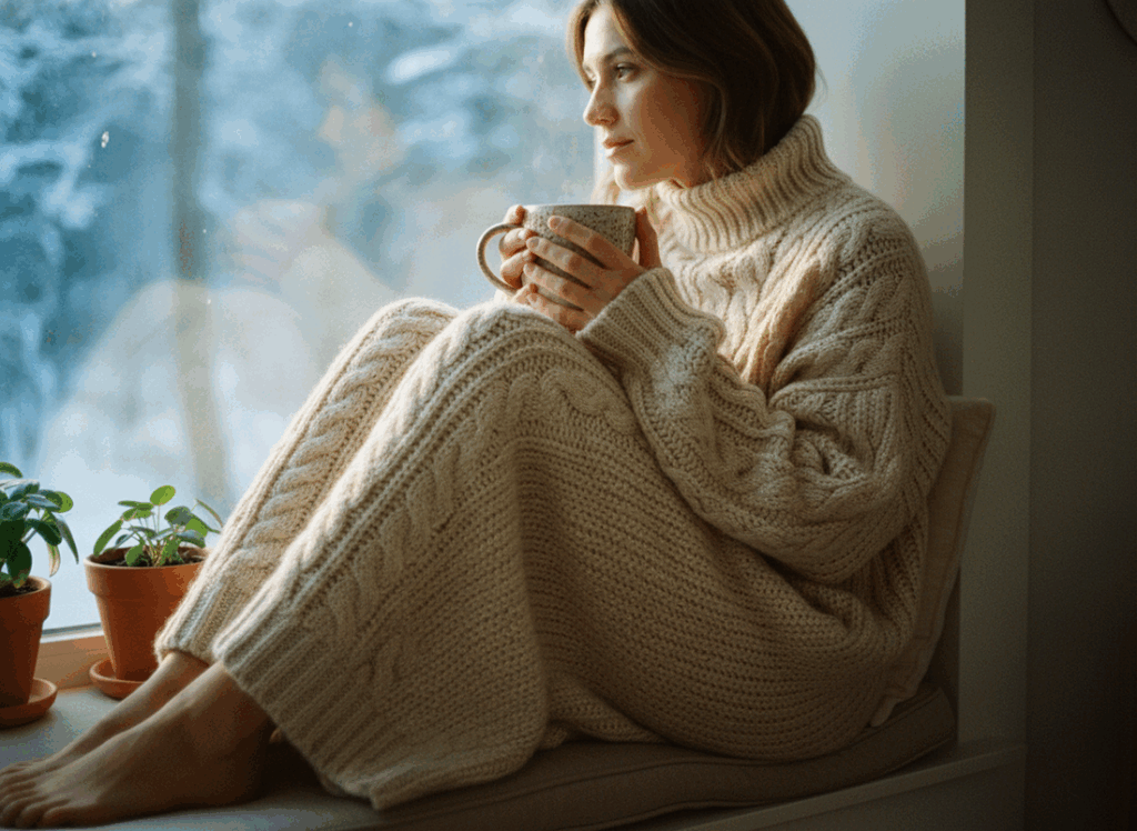 Persoon met warme trui en theemok bij het raam, symbool voor een rustige start van het nieuwe jaar.